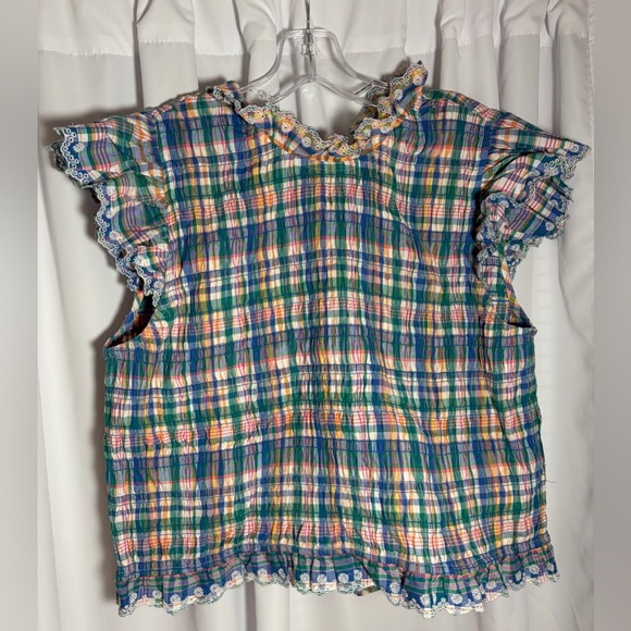 SEZANE Liorane Blouse in Careo Print Sz 44/XXL Plaid w/Lace Trim & Ties in Back - Picture 1 of 6